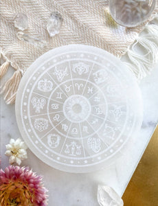 "Zodiac" Round Selenite Charging Plate Crystal Grid
