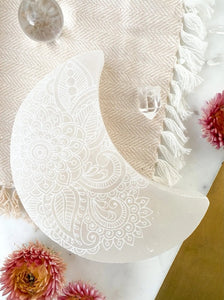 "Henna Prayer" Crescent Moon Selenite Charger